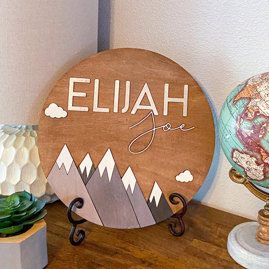 Mountain Wood Round -Personalized wood round | Nursery Sign
