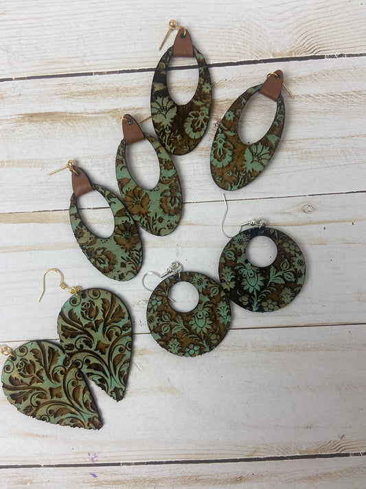 Teal tear engraved earrings