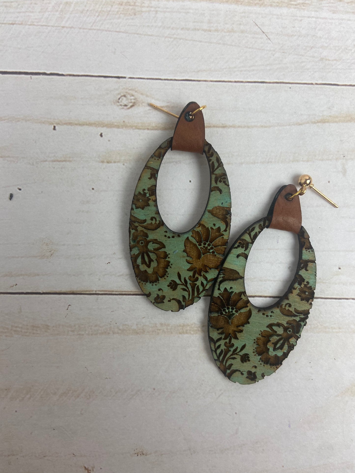 Teal tear engraved earrings